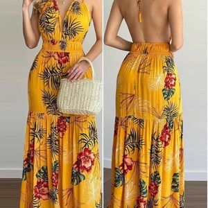 Tropical print halter backless maxi dress